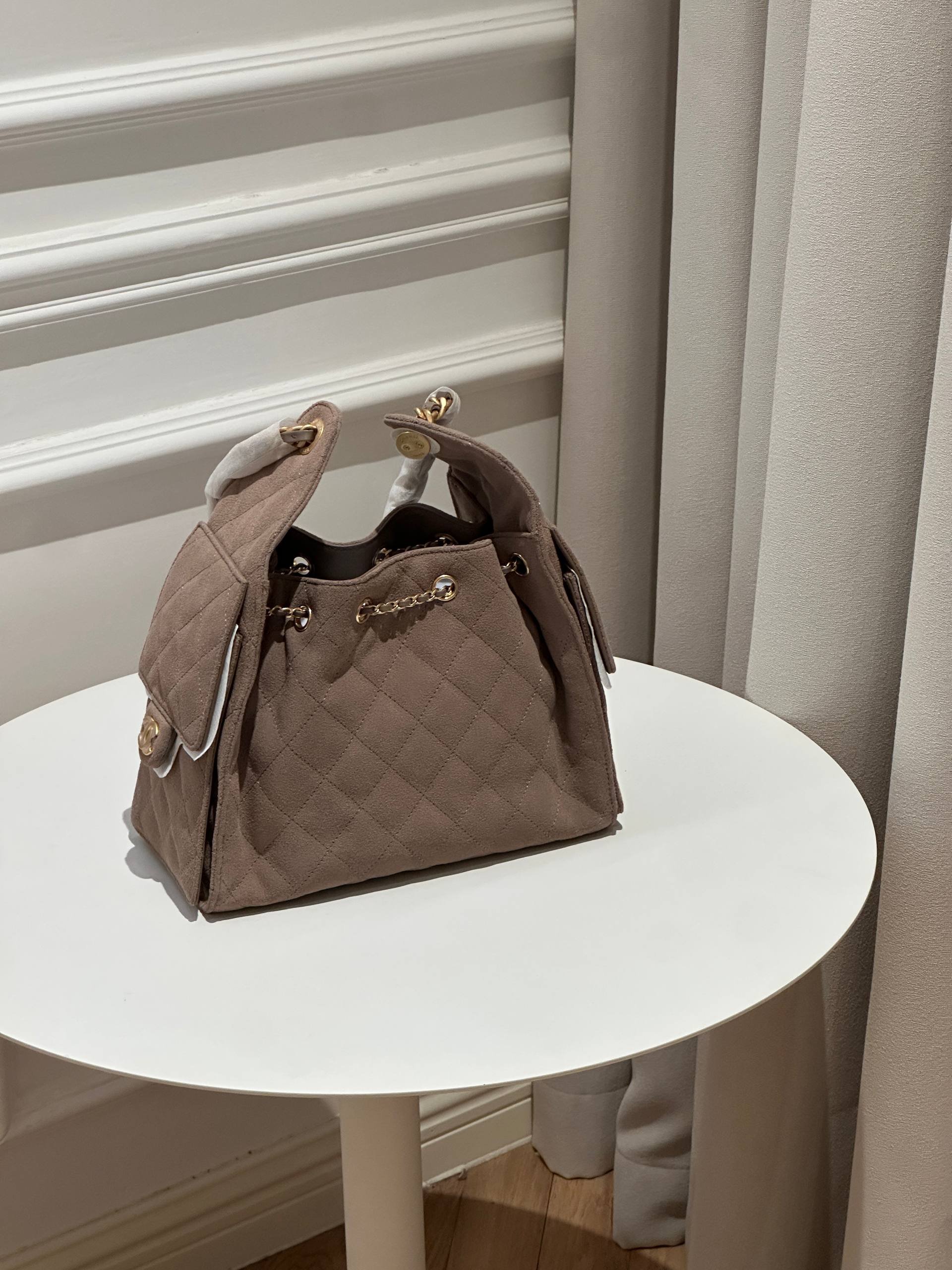 CHANEL Small 25 Bag in Taupe Grey Suede
