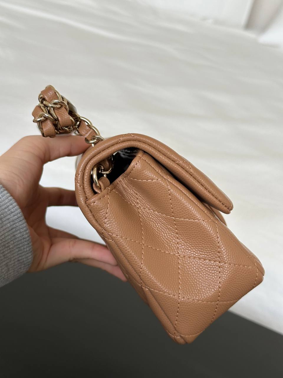 Chanel Milk Tea Caviar Leather Classic Flap Medium Light Gold Hardware Bag
