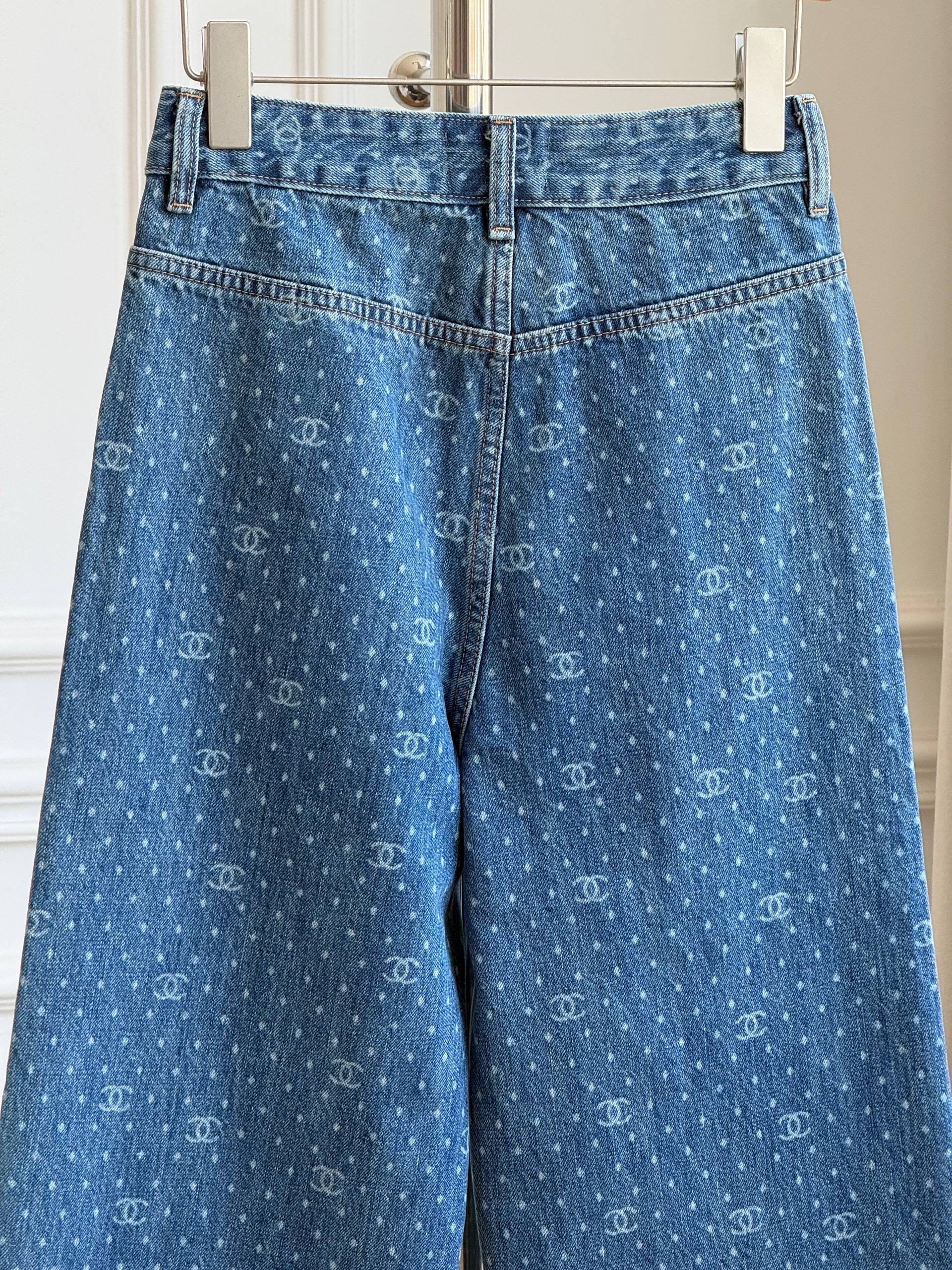 Chanel All-Over CC Monogram Print High-Waisted Wide-Leg Jeans
