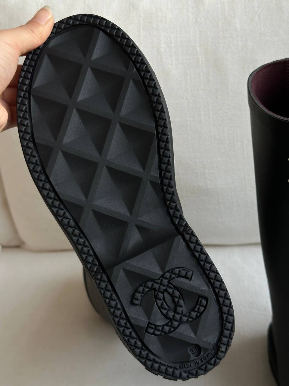 Chanel Black White CC Logo Block Heel Tall Waterproof Rain Boots