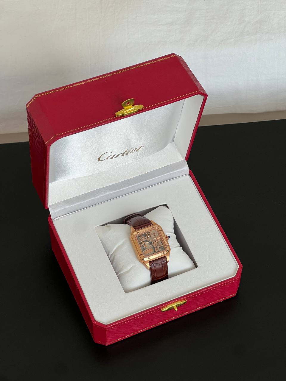 Cartier Santos Rose Gold Skeleton Mechanical Watch With Alligator Leather Strap