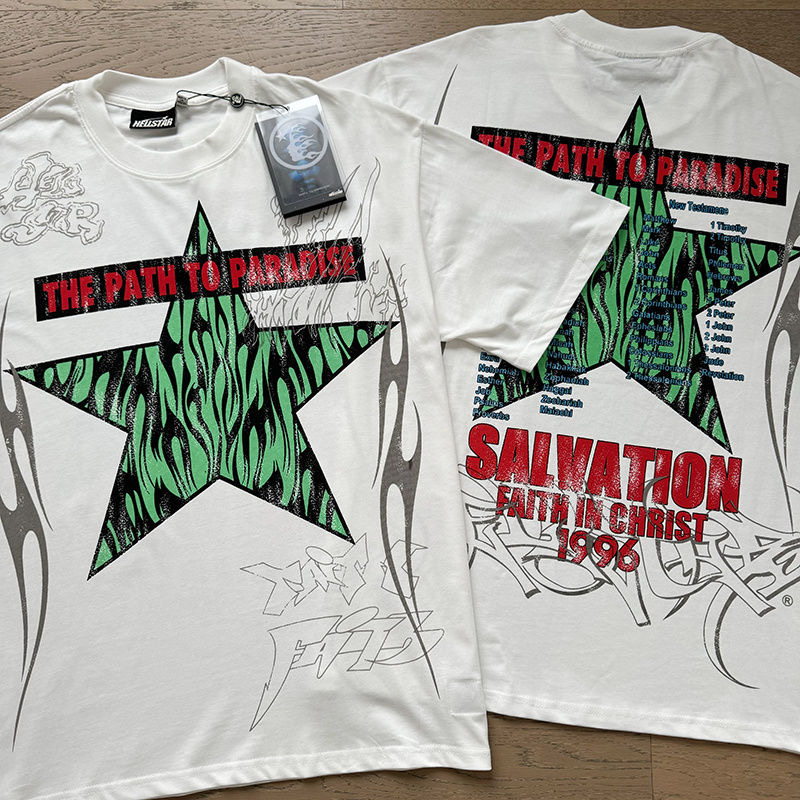 Hellstar Green Star Print Tee White Color