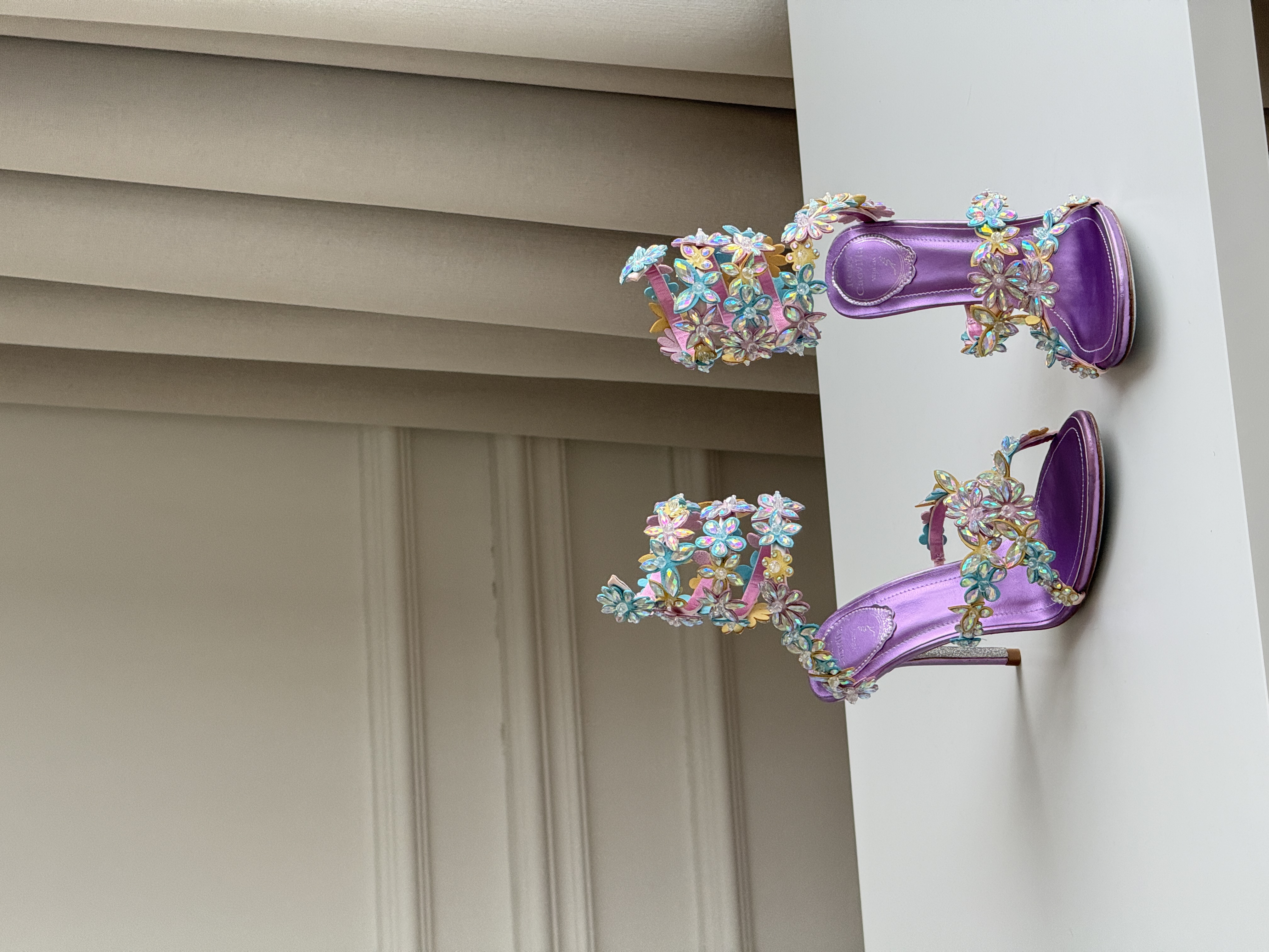 Rene Caovilla Purple Satin Iridescent Crystal Floral Wrap High Heel Sandals