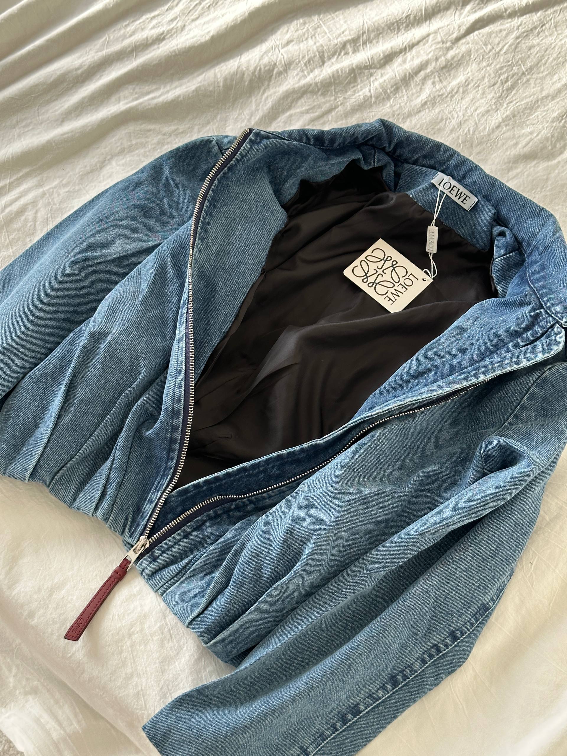 Loewe Washed Denim Gathered Waist Zip Bomber Jacket
