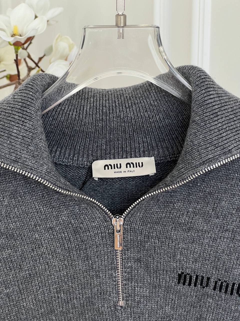 Miu Miu Dark Grey Half-Zip Collared Embroidered Cropped Wool Knit Sweater