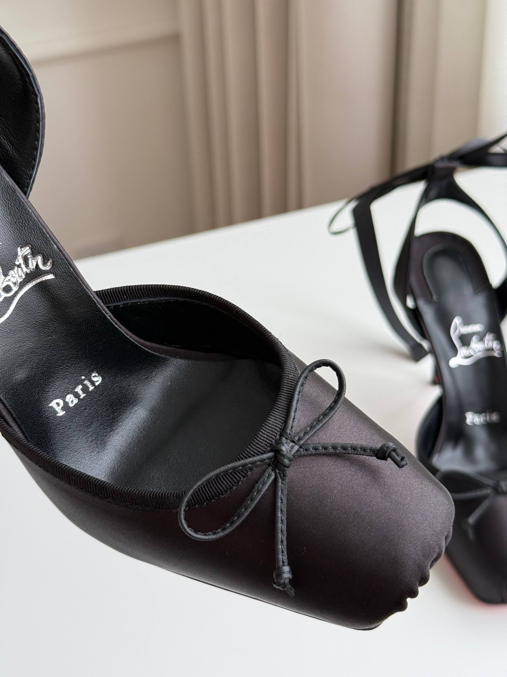 Christian Louboutin Black Satin Front & Ankle Bow Red Sole Slingback Heels