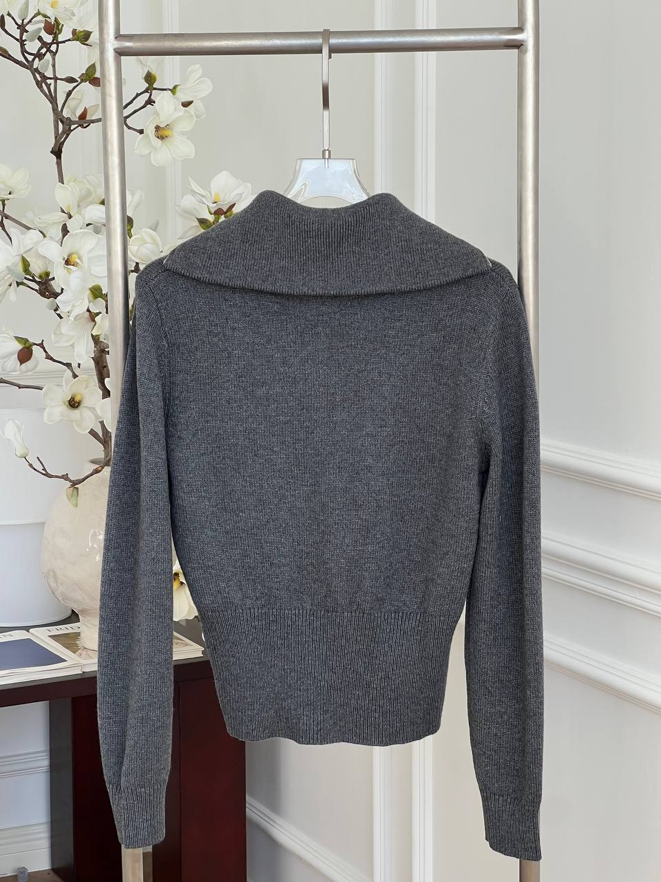 Miu Miu Dark Grey Half-Zip Collared Embroidered Cropped Wool Knit Sweater