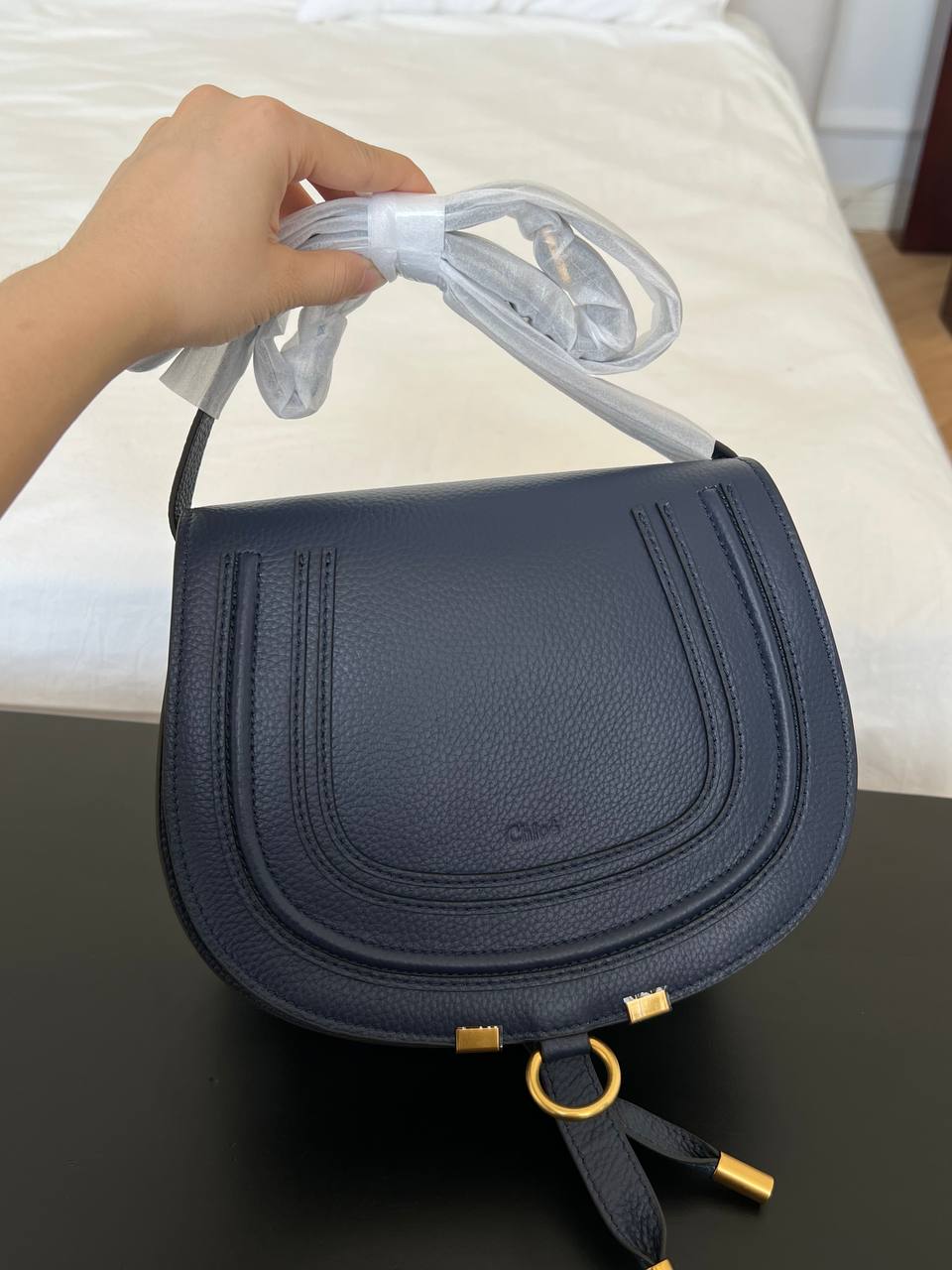Chloé Navy Pebbled Leather Small Marcie Saddle Crossbody Bag