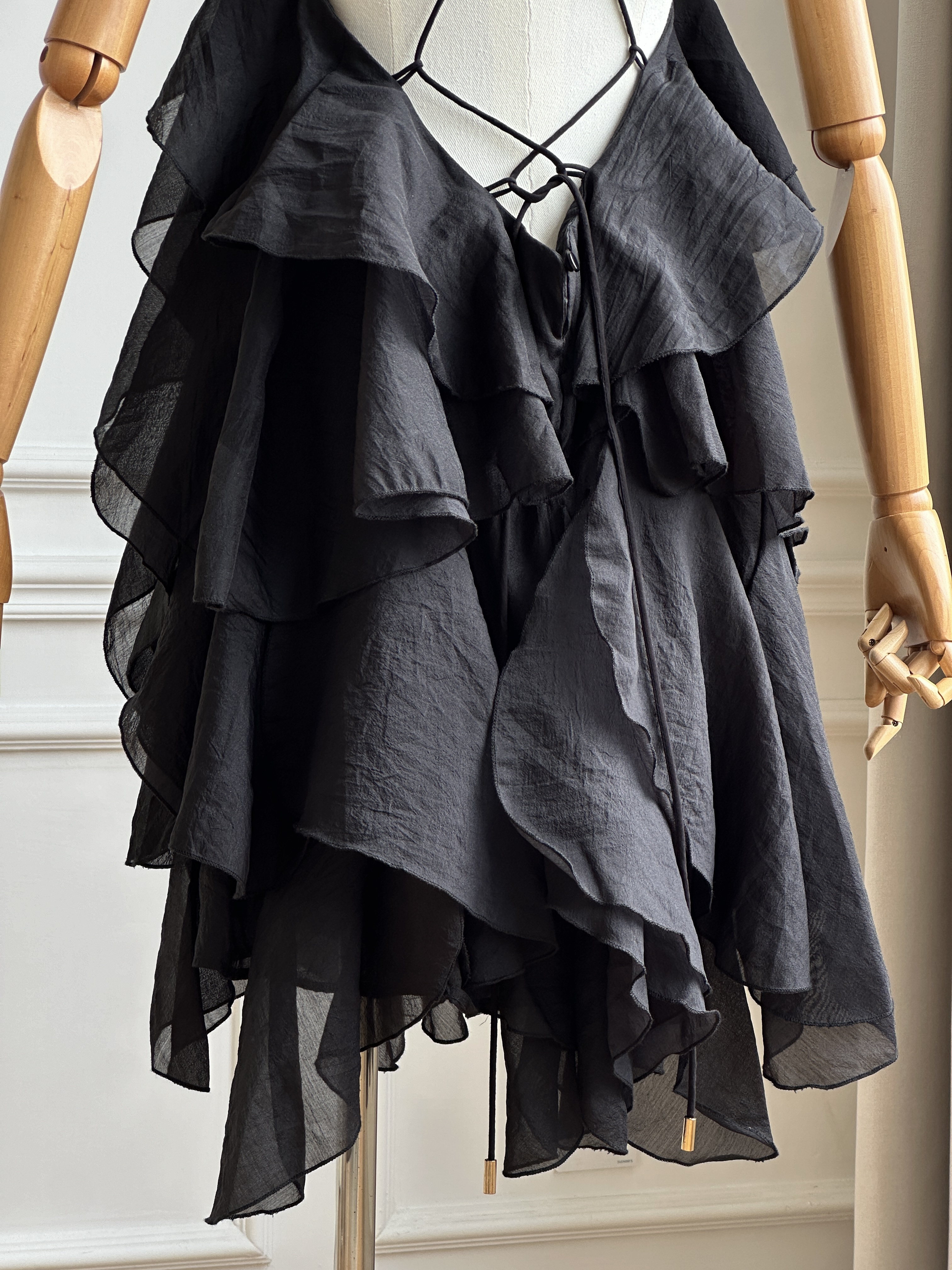 Halter 3D Flower Irregular Ruffle Mini Black Dress