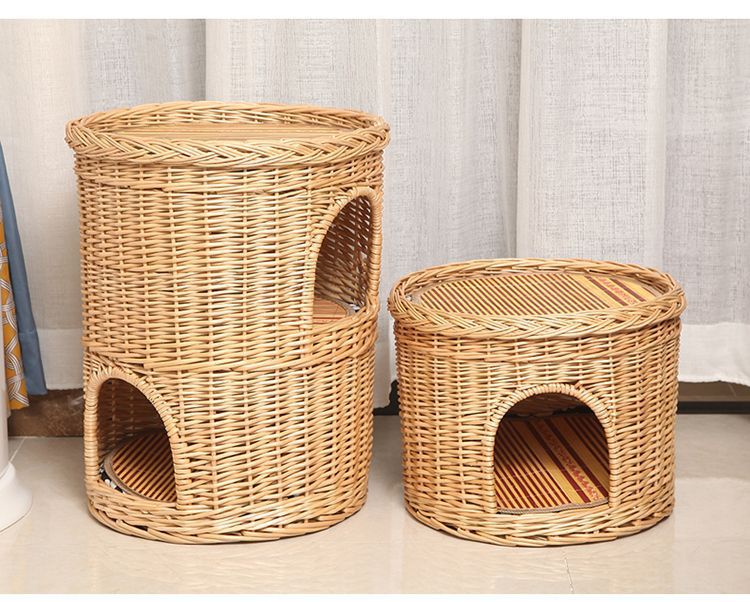 Natural Wicker Pet Bed for Summer - Breathable Handmade Rattan Basket with Integrated Scratch Pad - MAISONKAIRON