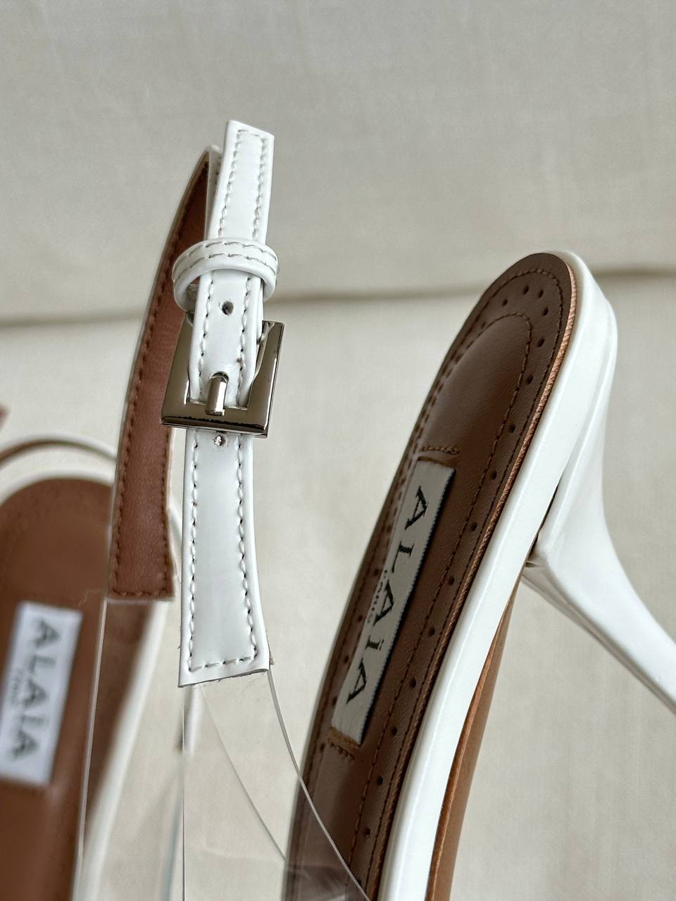ALAÏA White Patent Leather Heart Pointed Toe Clear Slingback High Heels
