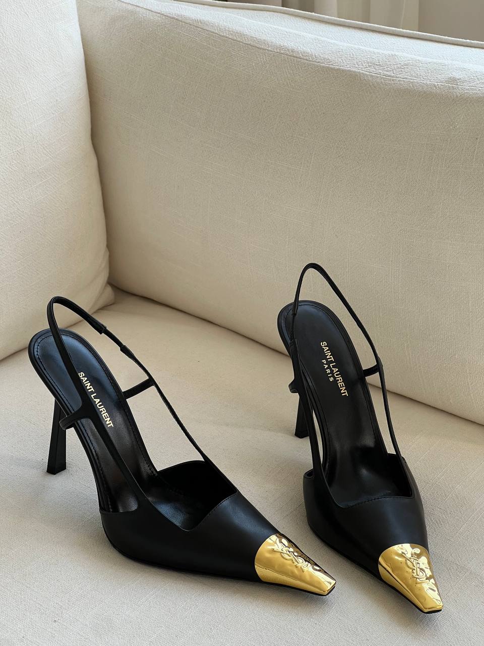 SAINT LAURENT Black Leather Metal YSL Logo Pointed Toe Slingback Stiletto Heels