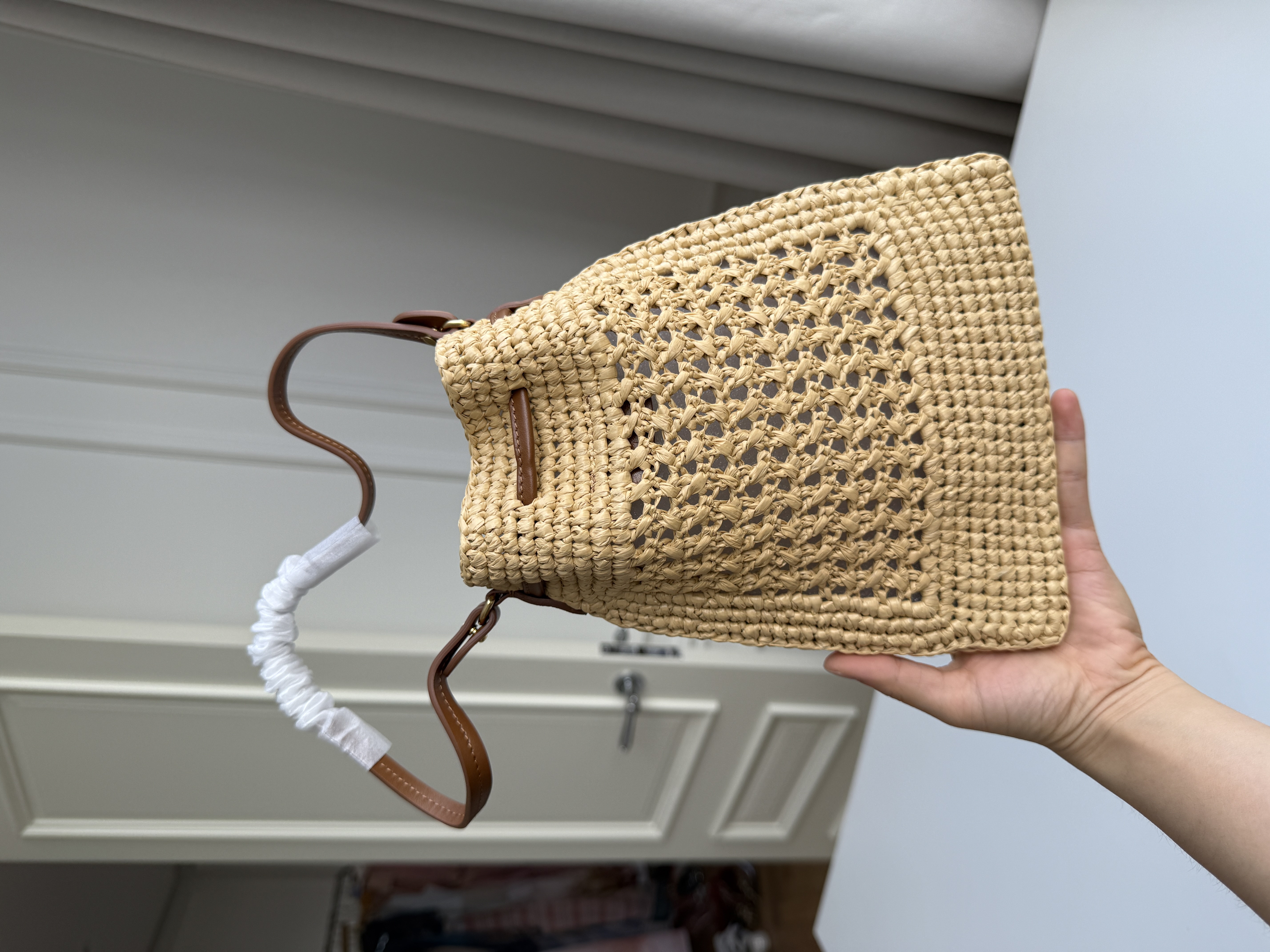 Miu Miu Beige Raffia Woven Drawstring Bucket Crossbody Bag