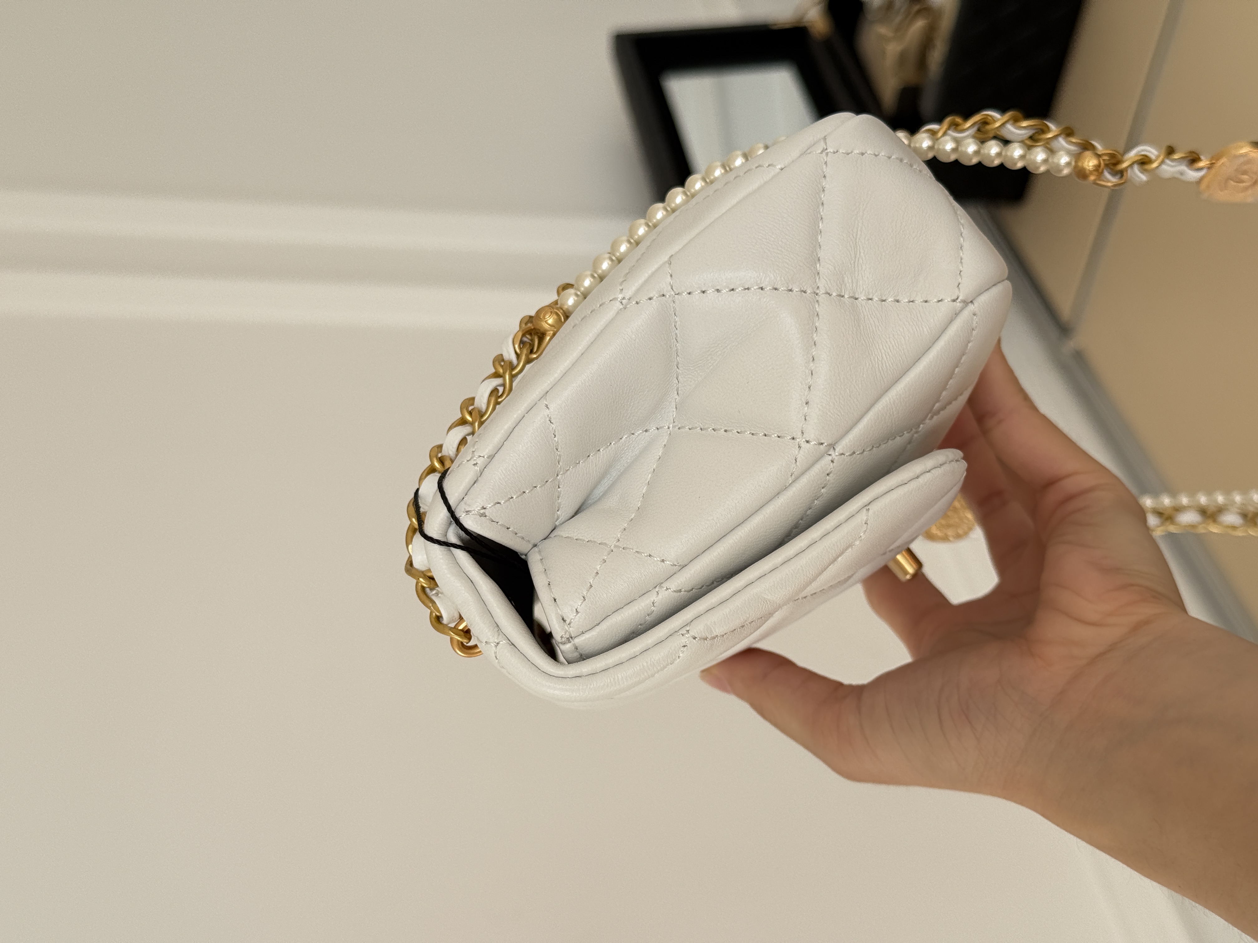Chanel Mini Classic Flap Quilted Lambskin Pearl Interwoven Chain Bag
