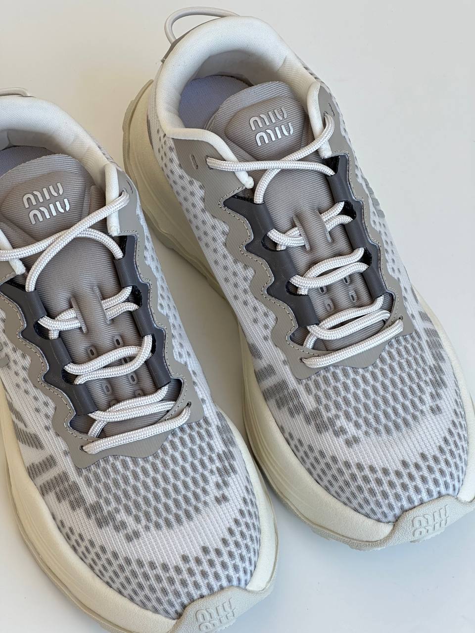 Miu Miu Grey & White Gradient Knit Mesh Wave Panel Platform Chunky Sneakers