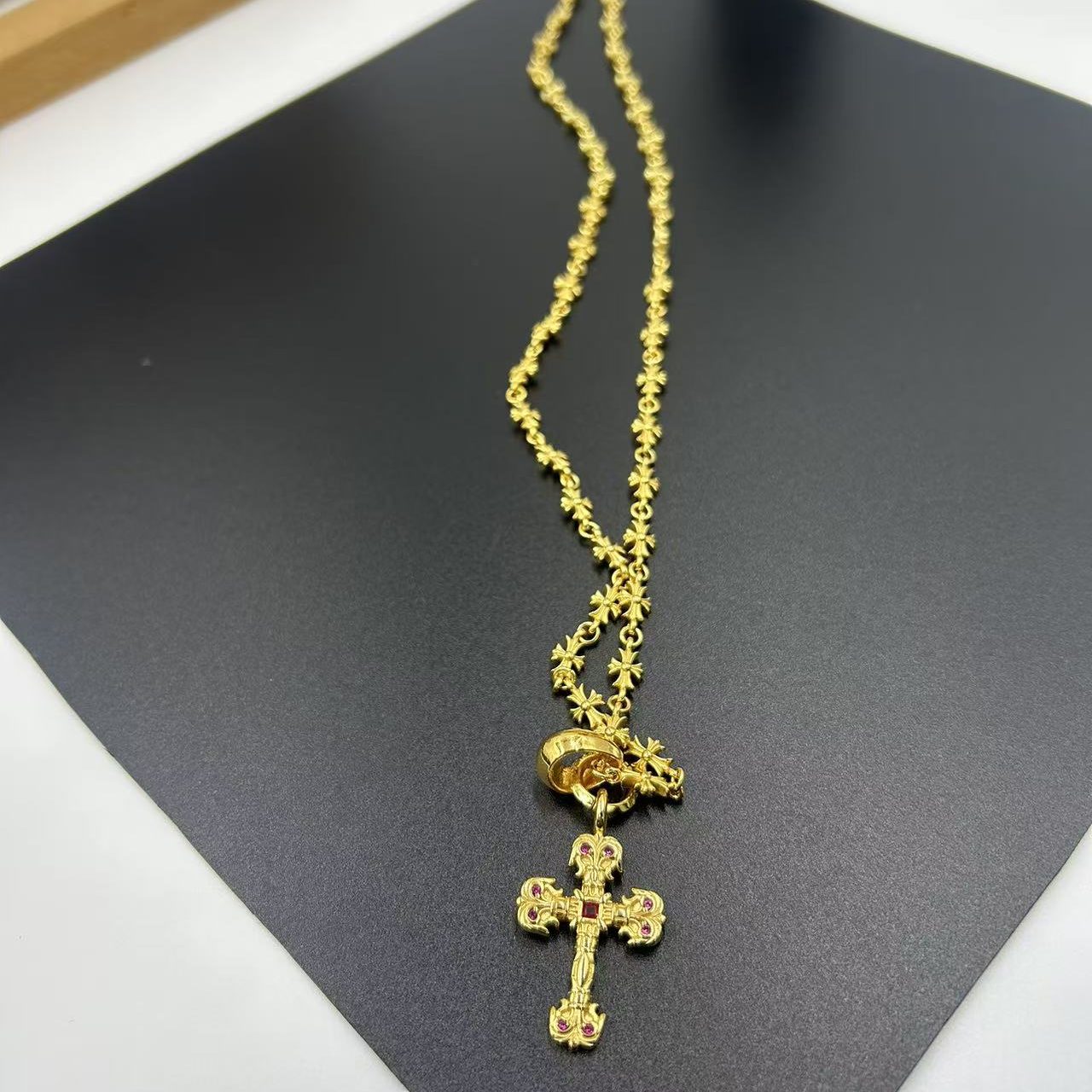 CHROME HEARTS 22K GOLD POWDER DIAMOND CROSS NECKLACE