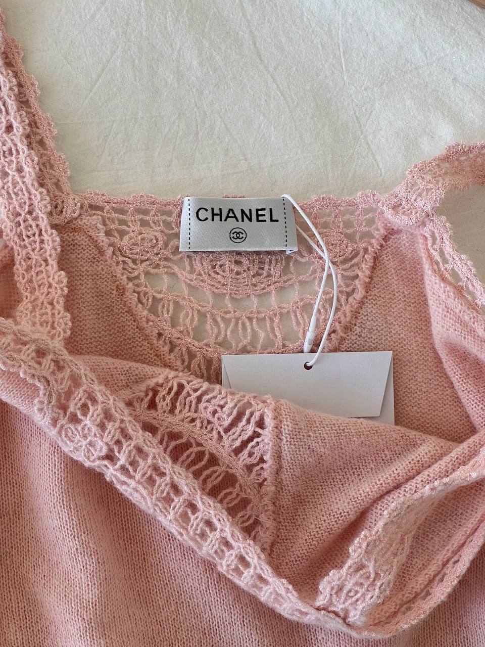 Chanel Blush Pink Hollow-out Lace Knit Camisole Top