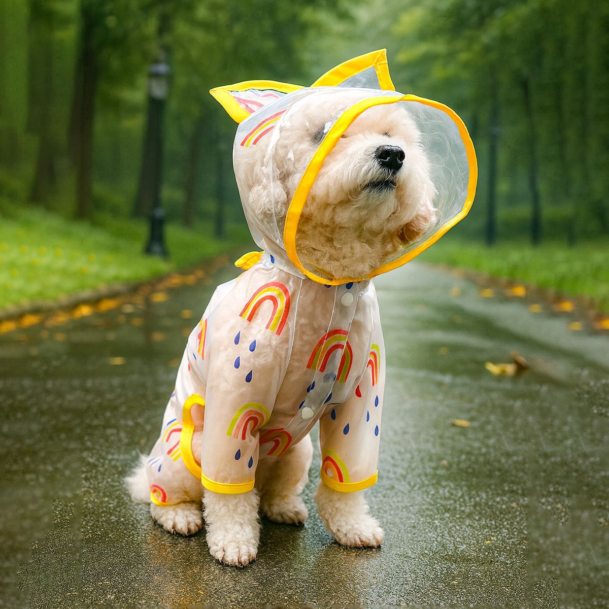 Transparent Four Legged Raincoat Cat Ear Hood Rainbow Raindrop Waterproof Jumpsuit for Small Dogs - MAISONKAIRON