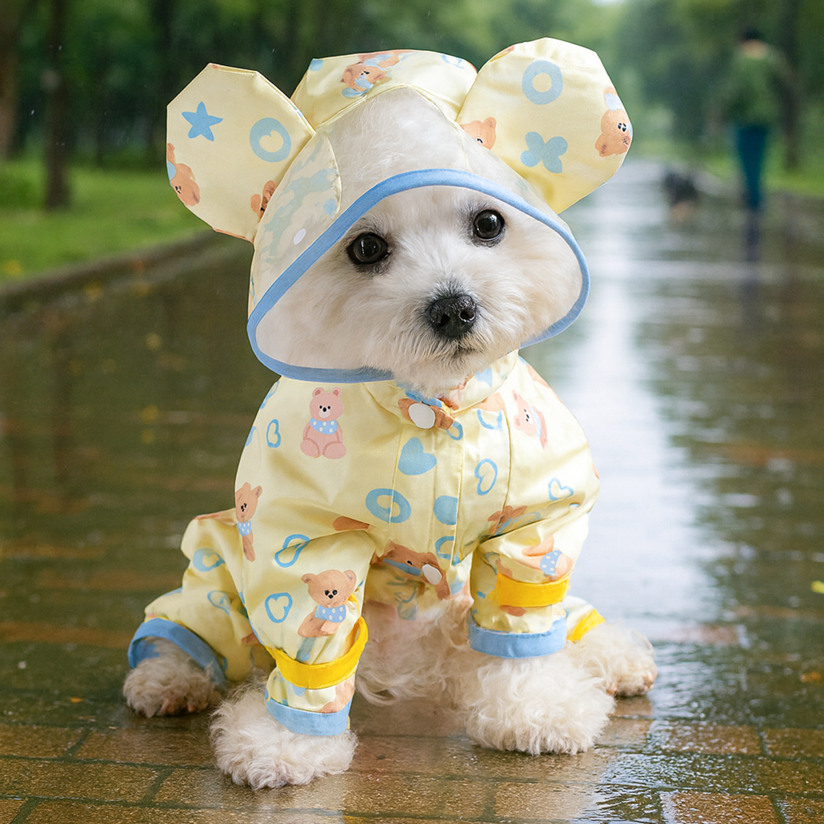 Cute Bear Print Dog Raincoat Transparent Hood Waterproof Four Legged Jumpsuit for Small Dogs - MAISONKAIRON