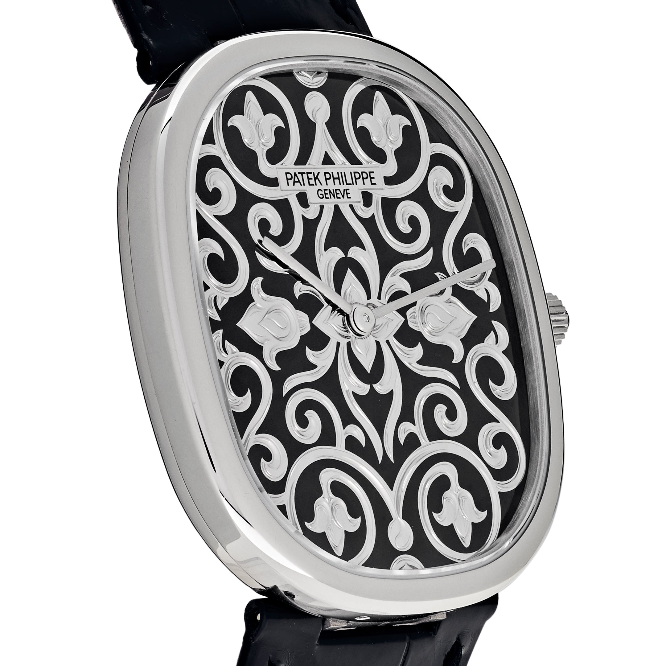 Patek Philippe Golden Ellipse White Gold Black Enamel Engraved Dial 5738/51G-001【1:1 Replica】