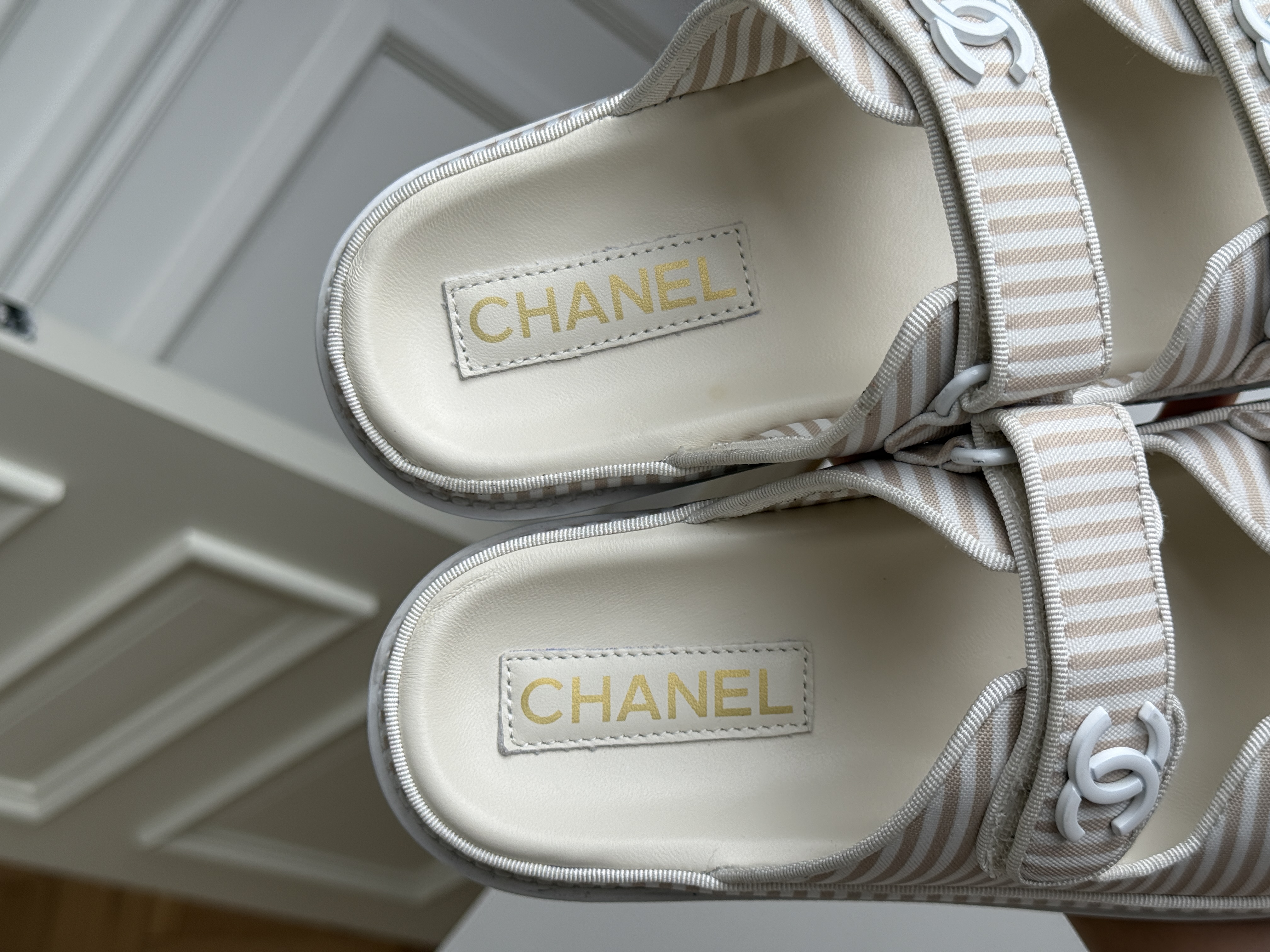 Chanel Beige Coffee Striped Canvas Double Strap CC Logo Flat Slide Sandals