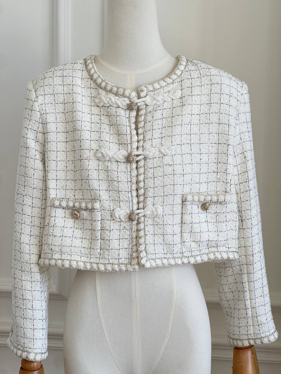 Chanel Grid Tweed Cropped Jacket With Chinese-style Frog Buttons