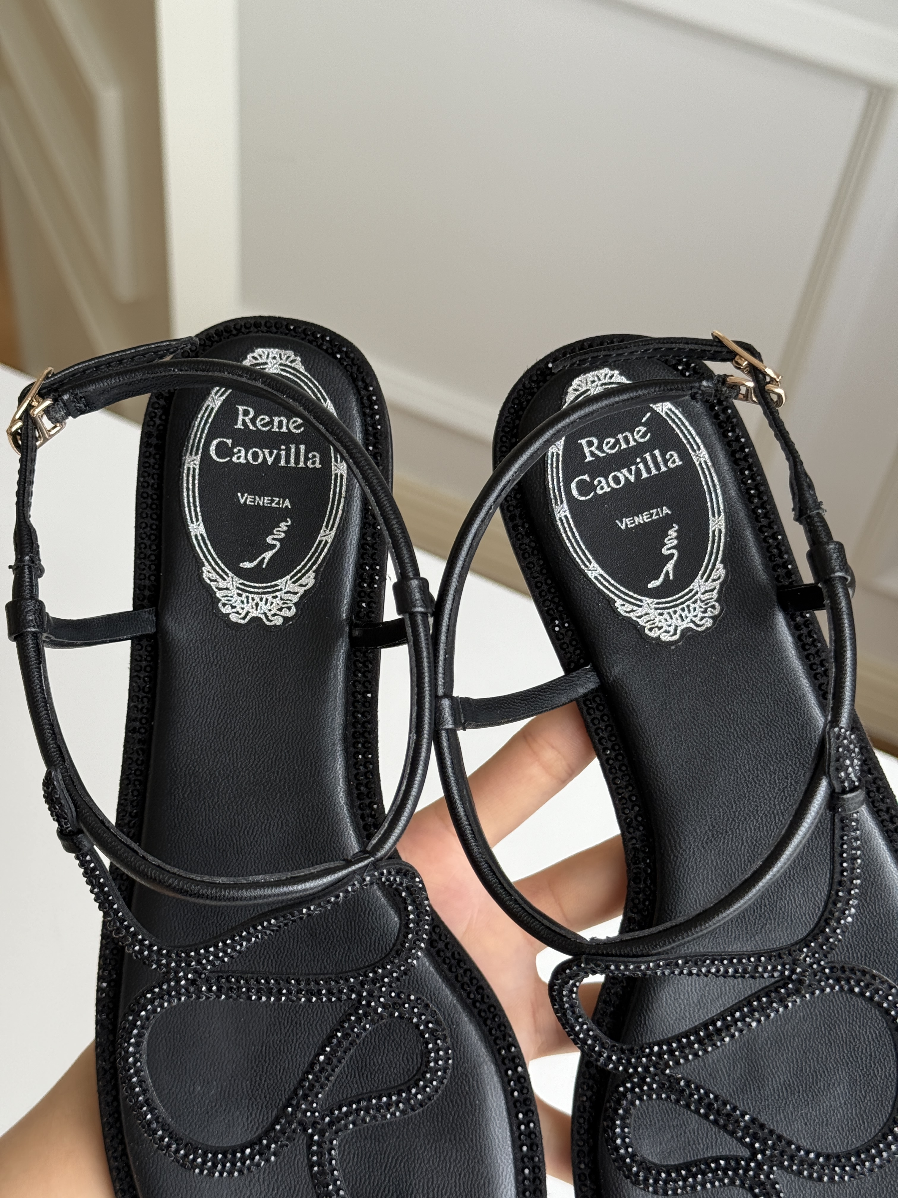 René Caovilla Caterina Black Crystal Thong Flat Sandals