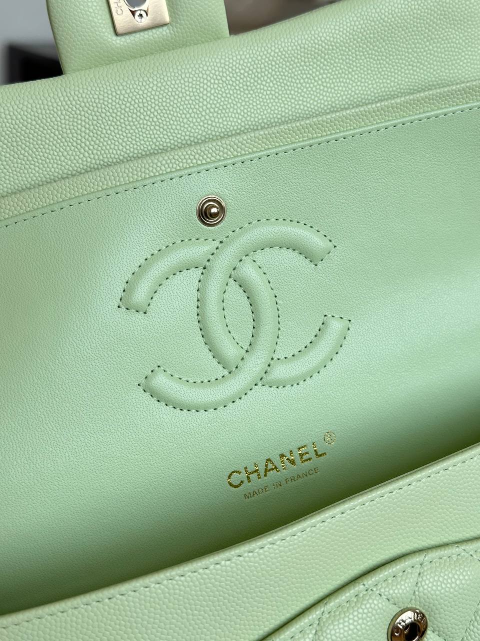 CHANEL Classic Flap Light Green Caviar Quilted Leather Bag with Light Gold Hardware