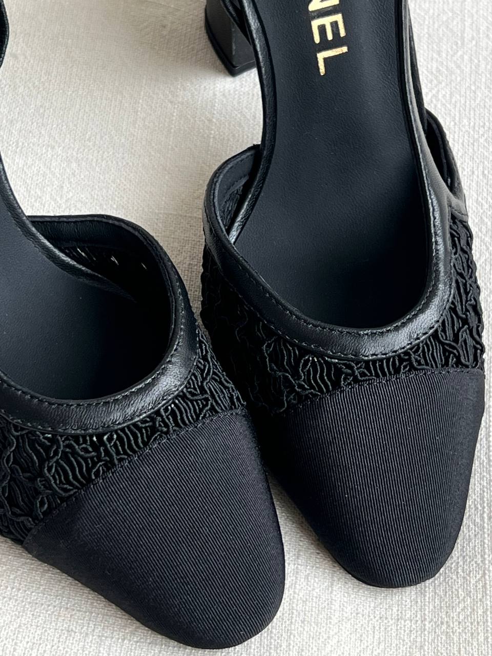 CHANEL Lace & Fabric Slingback Block Heel Pumps
