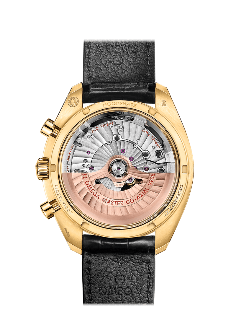 MOONPHASE CO‑AXIAL MASTER CHRONOMETER MOONPHASE CHRONOGRAPH 44.25 MM 304.63.44.52.02.001 FAVOURITES COMPARE Yellow gold on Leather strap
