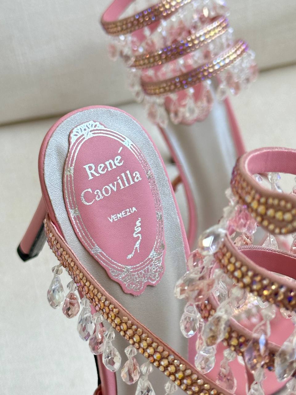 René Caovilla Pink Satin Multi-Layer Crystal Fringe Ankle Wrap Stiletto Sandals