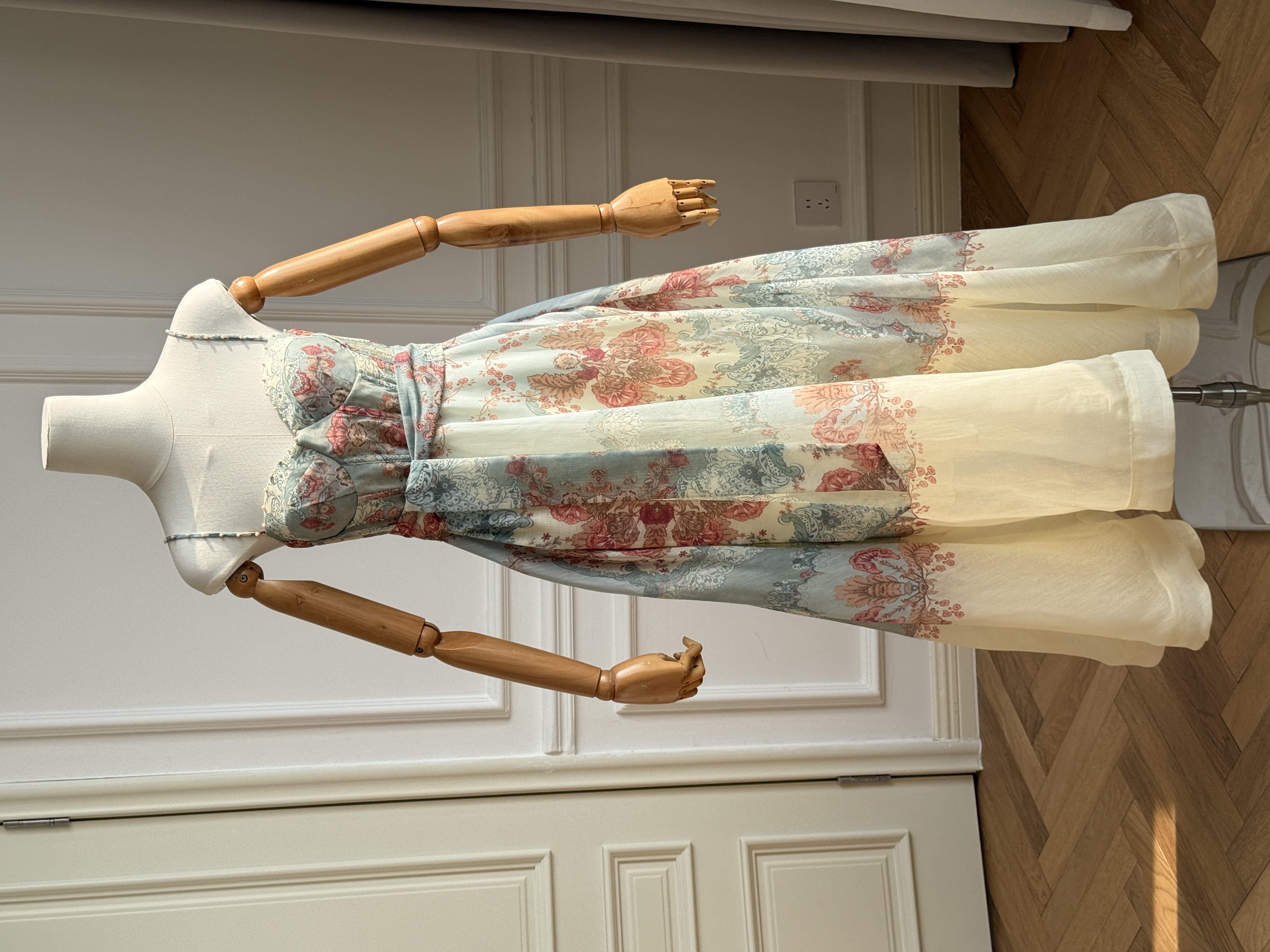 French Vintage Printed Waisted Spaghetti Strap Maxi Dress