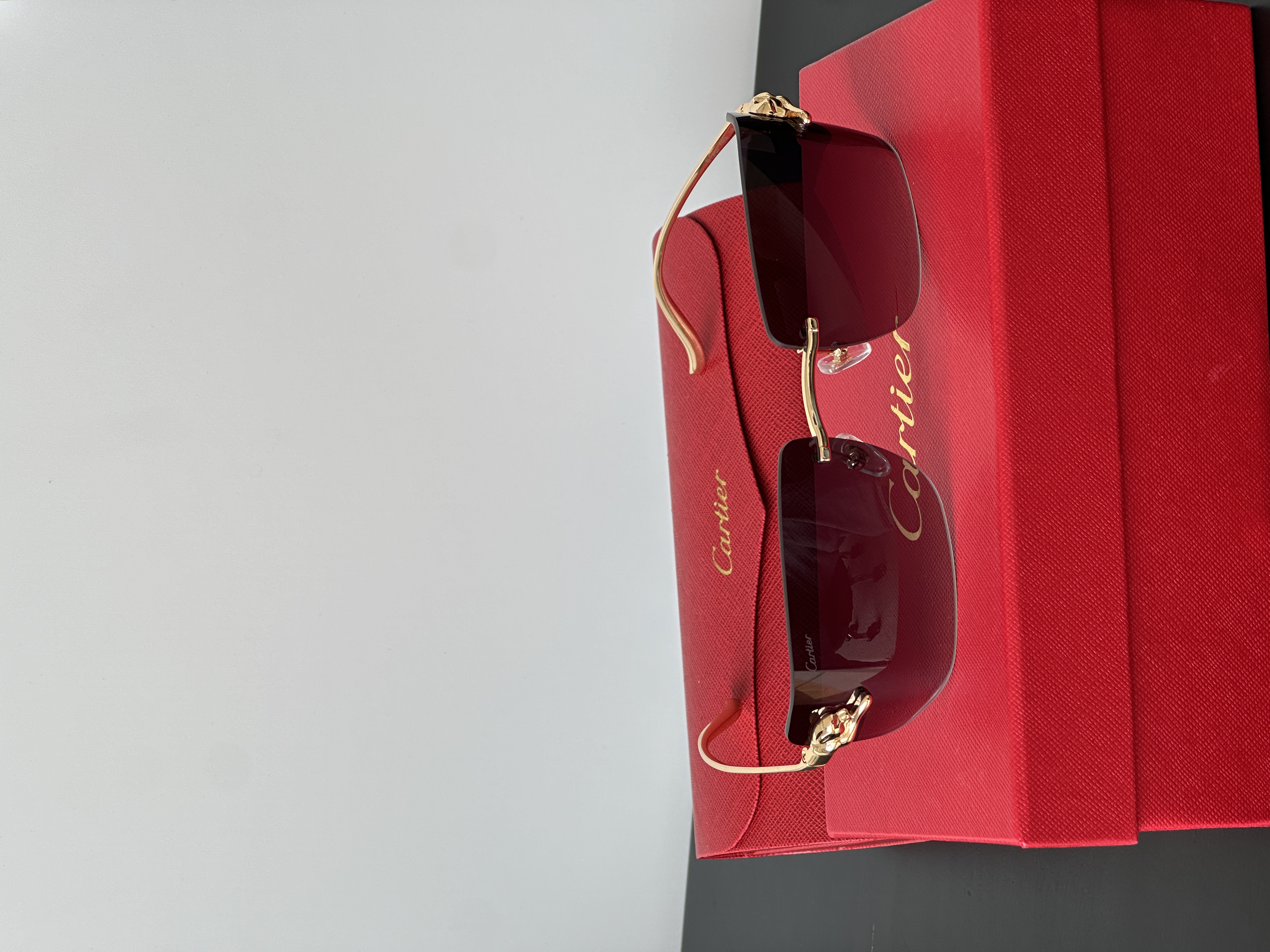 Cartier Gold Panther Head Rimless Gradient Burgundy Lens Sunglasses