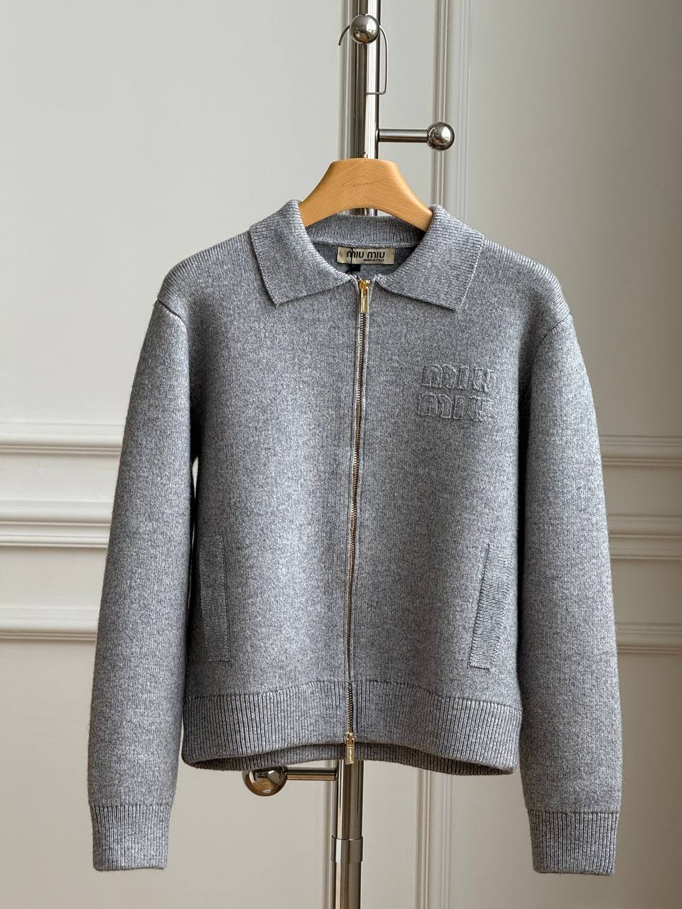 Miu Miu Logo-Embroidered Zip-Up Polo Collar Knit Cardigan