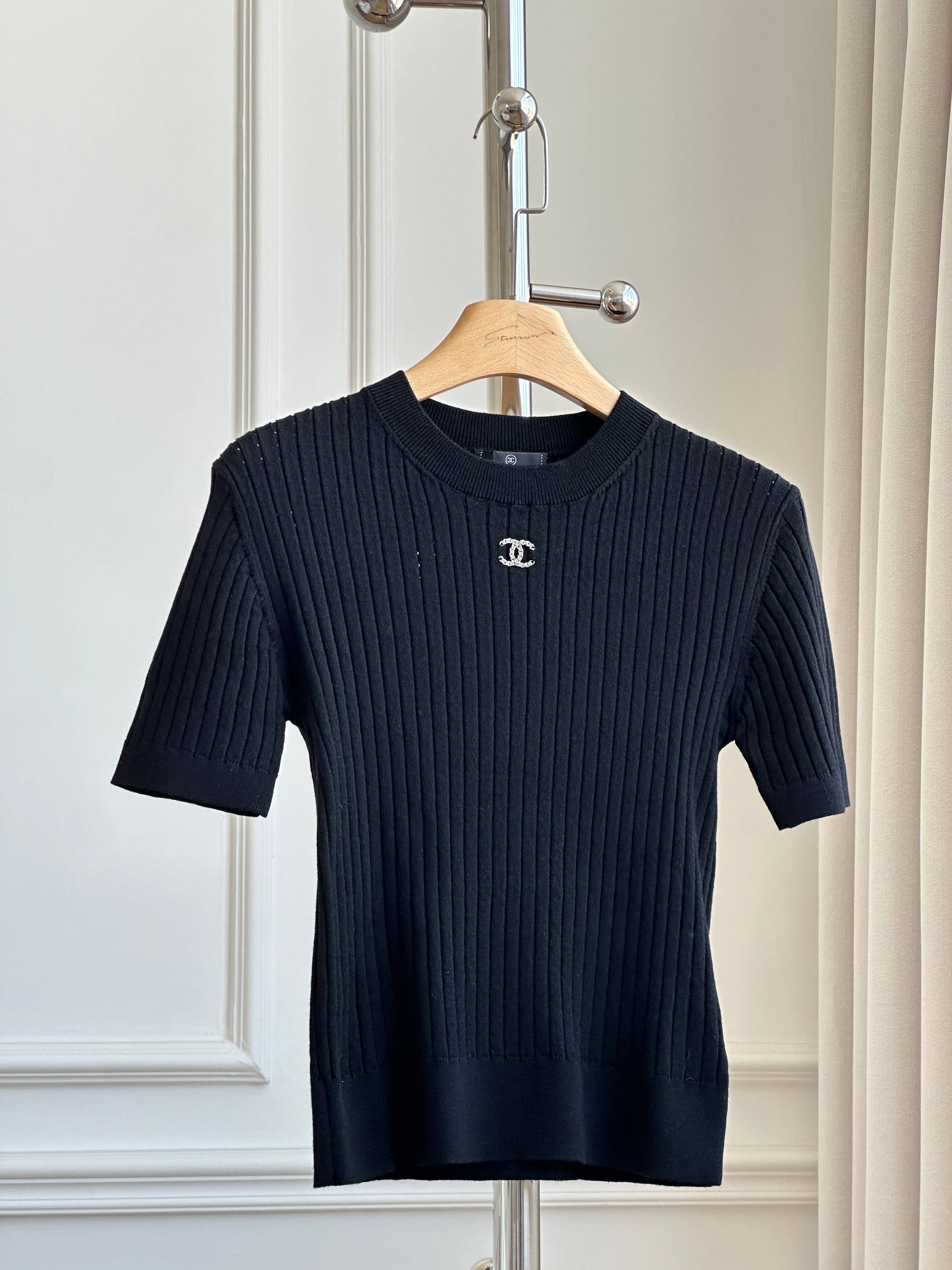 Chanel Ribbed Knit T-Shirt with Crystal CC Logo