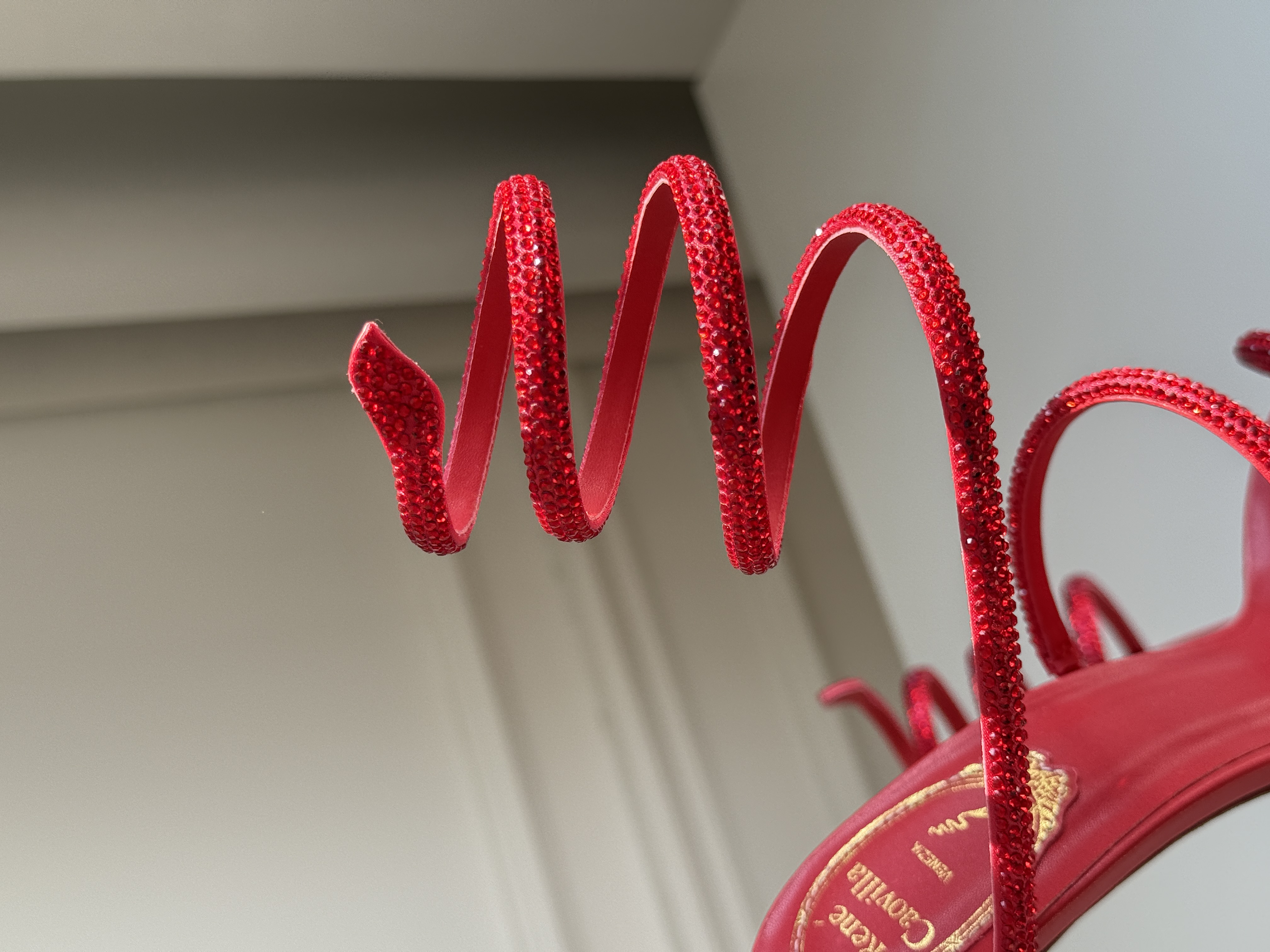Bright Red Rhinestone Coiled Snake Ankle Wrap Open Toe Stiletto Sandals