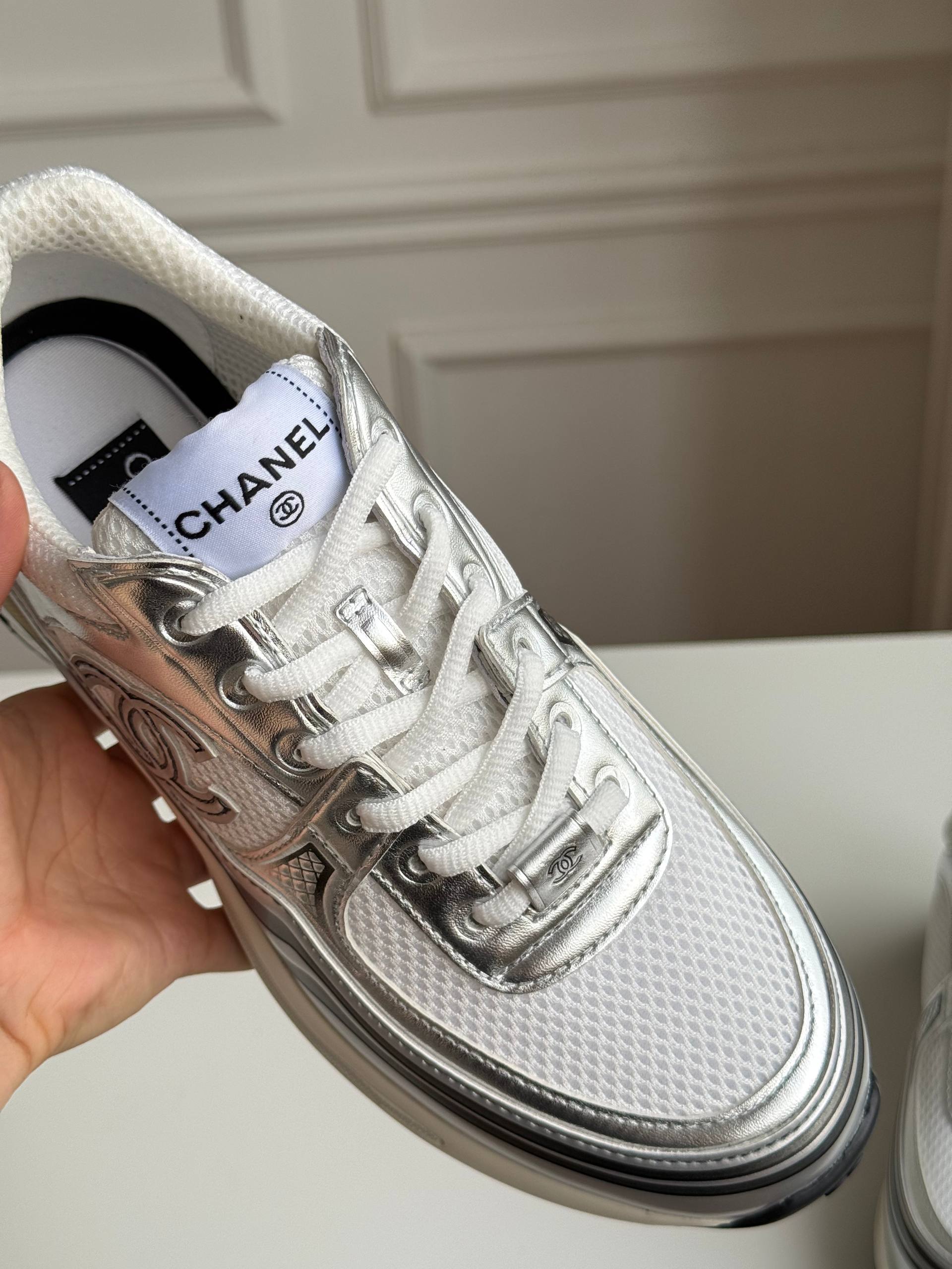 CHANEL Low-Top Sneakers in Mesh & Metallic Calfskin
