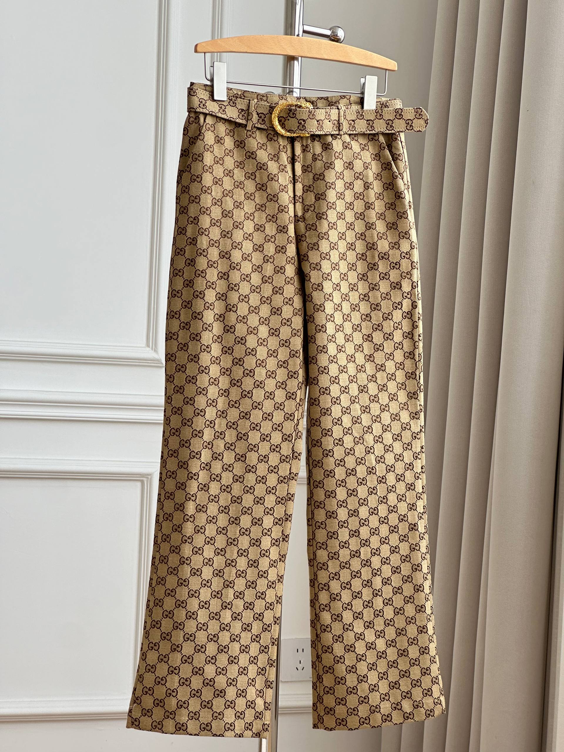 Gucci GG Monogram Belted Wide Leg Trousers