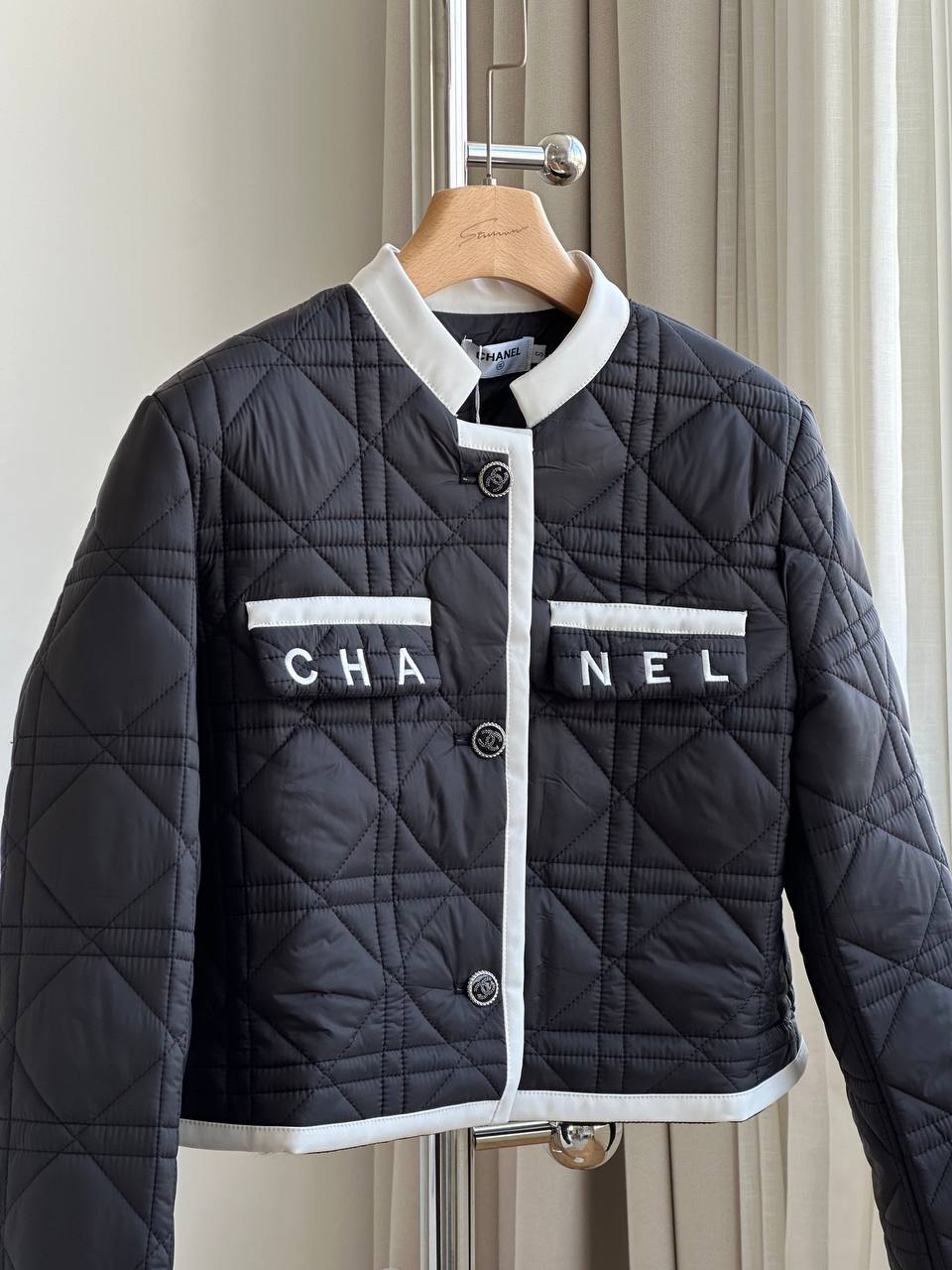 Chanel Black & White Trim Diamond Quilted Letter Pocket Stand Collar Cropped Padded Jacket