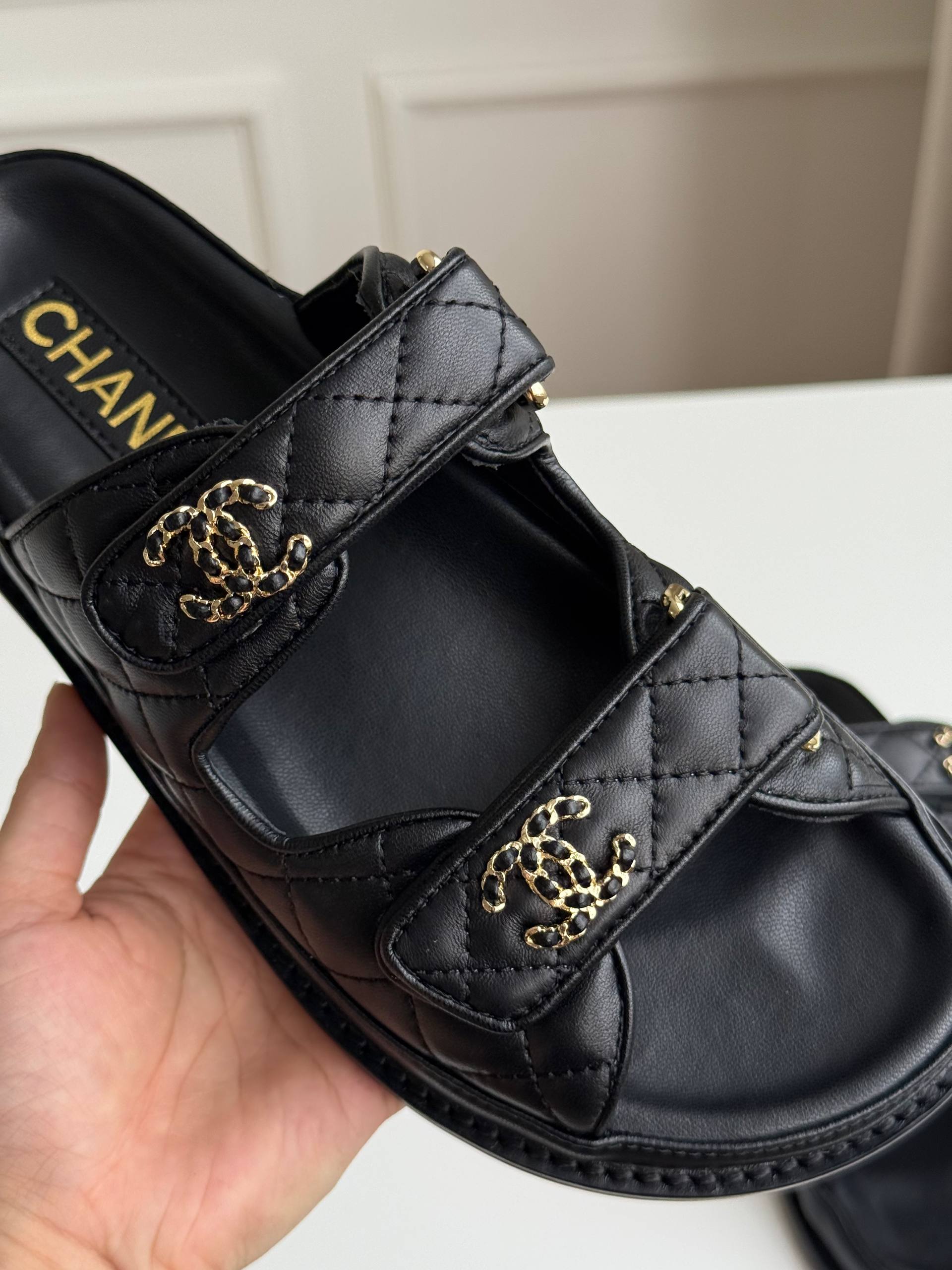 Chanel Double C Buckle Quilted Magic Strap Flat Slide Sandals