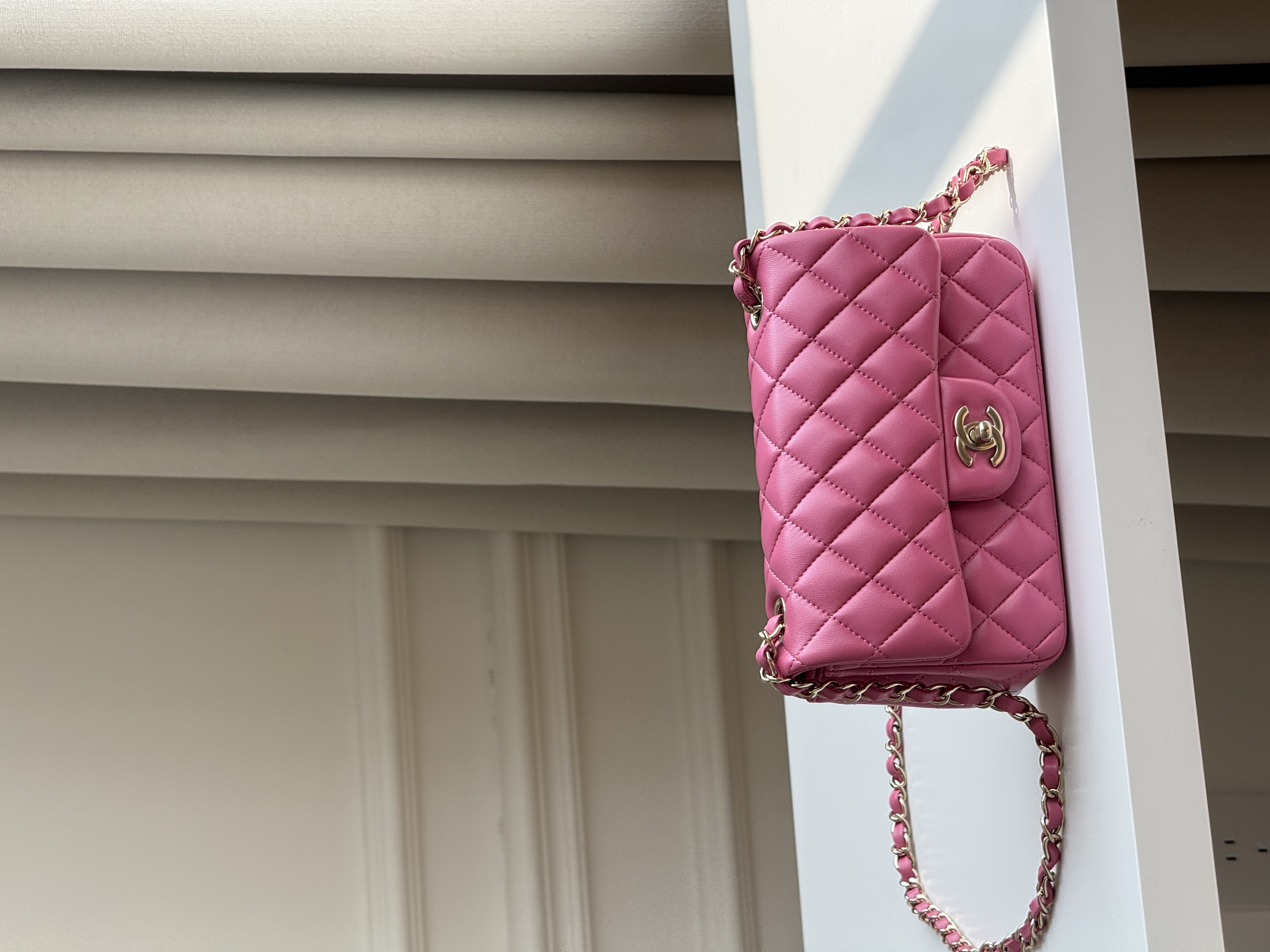 Chanel Hot Pink Lambskin Mini Classic Flap Gold CC Chain Bag