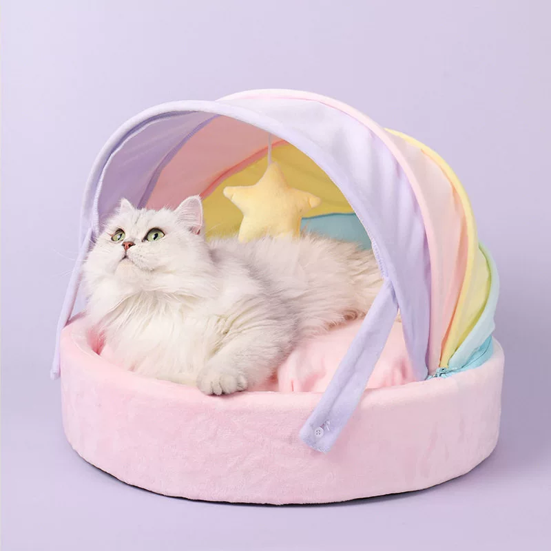 Pastel Rainbow Canopy Cat Bed Plush Cushion Star Toy Semi Enclosed Nest for Small Dogs Cats - MAISONKAIRON