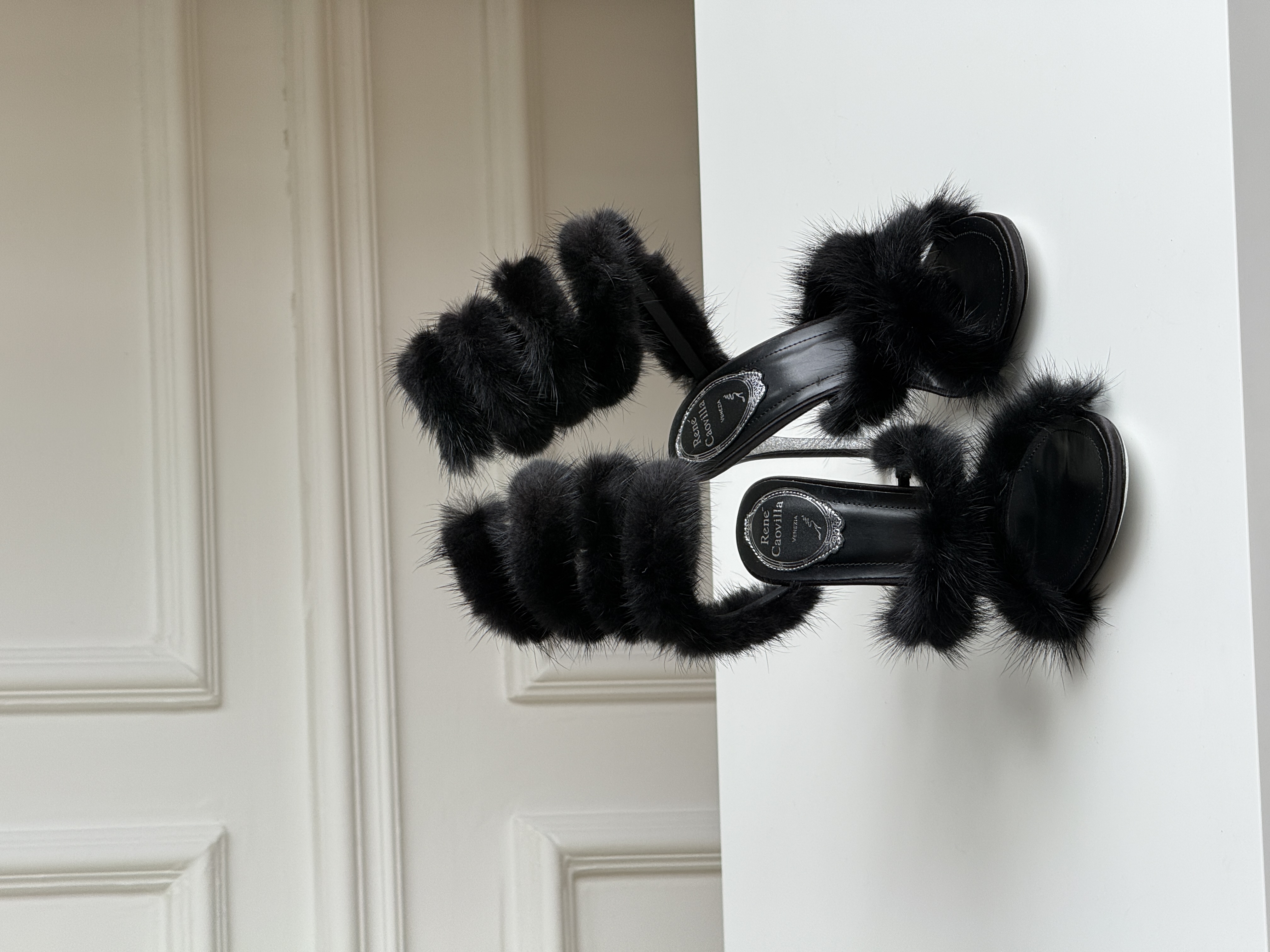 Rene Caovilla Mink Fur Snake-Wrap High-Heel Sandals