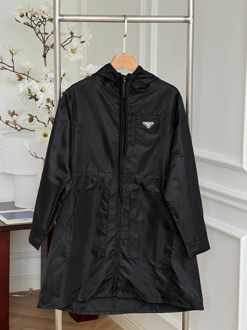 Prada Black Re-Nylon Triangle Logo Waisted Hooded Mid-length Trench Coat