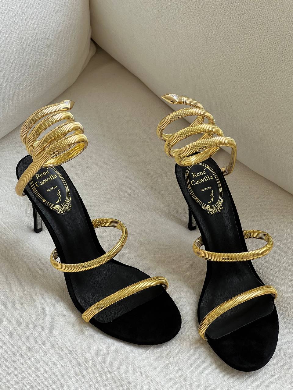 Rene Caovilla Black Velvet Gold Snake Wrap Stiletto Sandals
