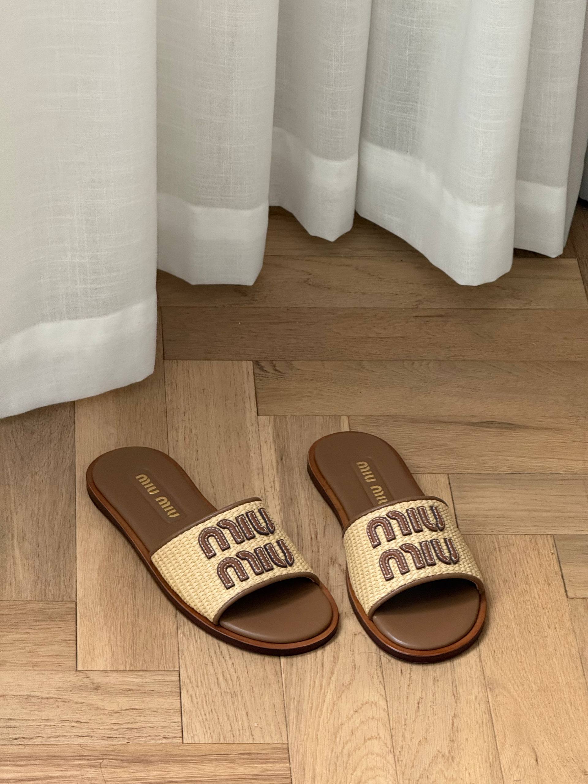Miu Miu Raffia Logo Leather Flat Slide Sandals