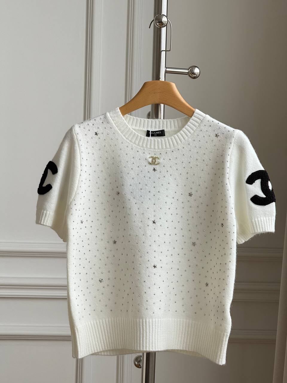 Chanel Star & Crystal Embellished Short Sleeve Knit Top