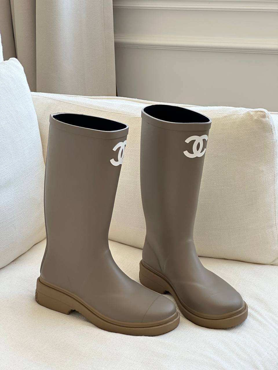 Chanel Milk Tea Tall Rubber Rain Boots With Interlocking CC Logo