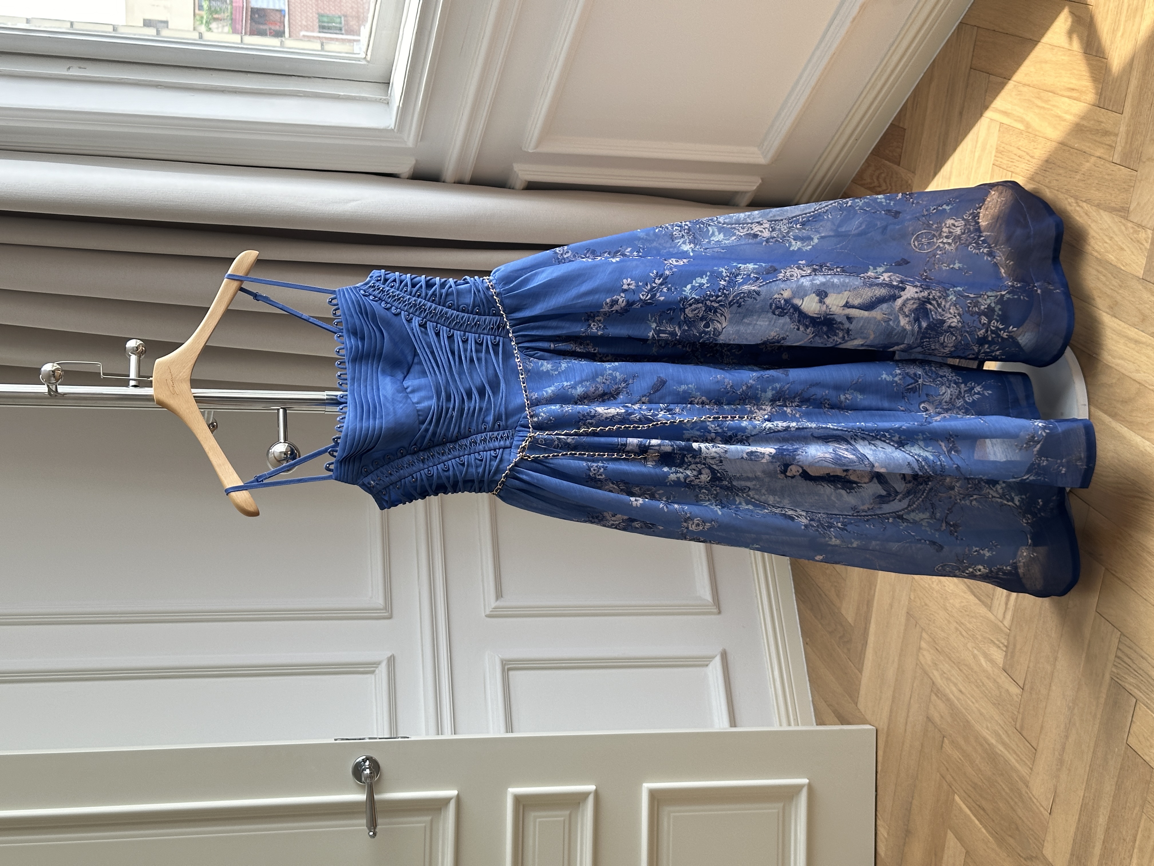 Klein Blue Mermaid Floral Print Ruched Bust Thin Strap Waisted Flowy Maxi Dress