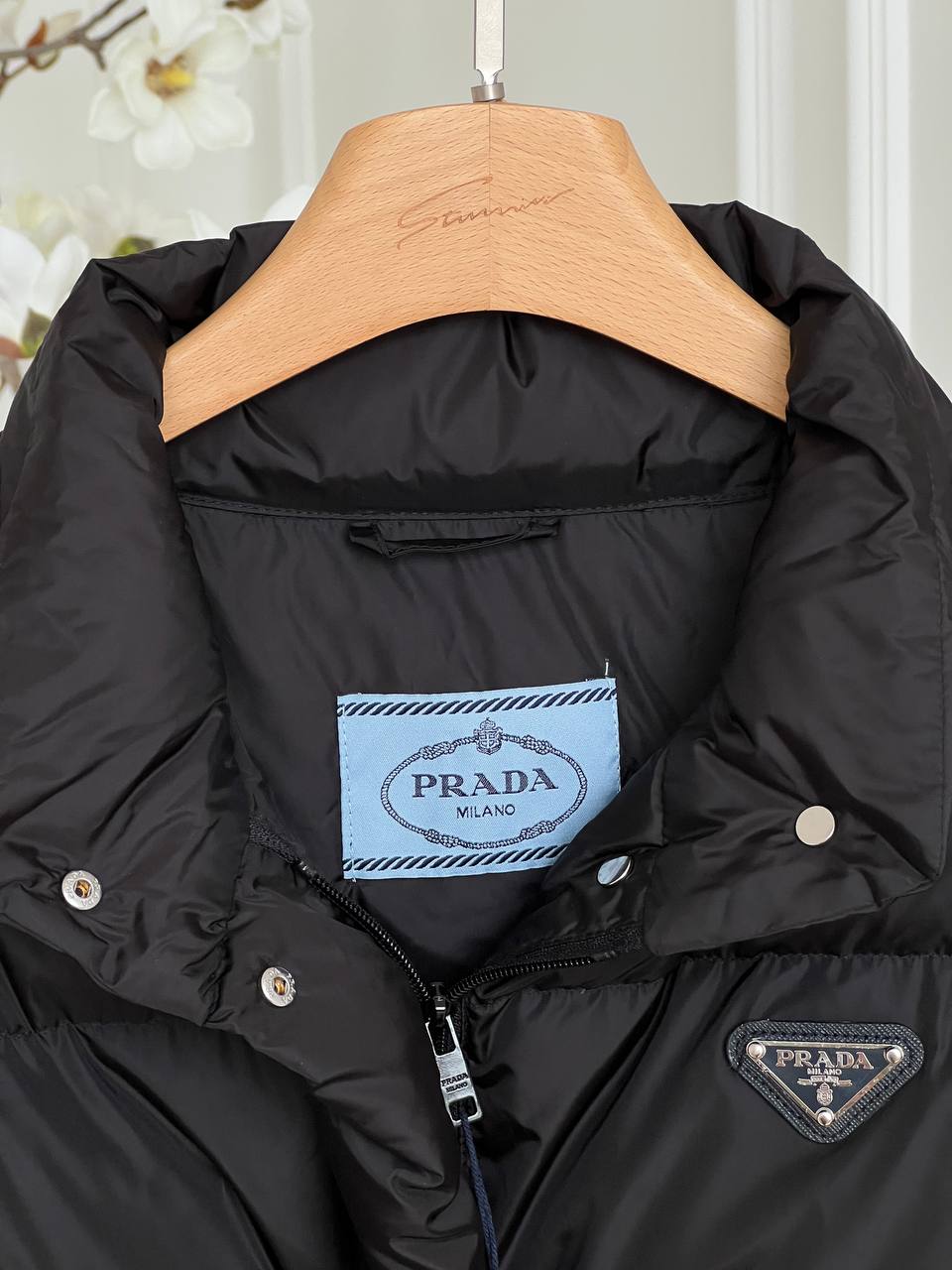 Prada Black Triangle Logo Stand Collar Cropped Nylon Down Jacket